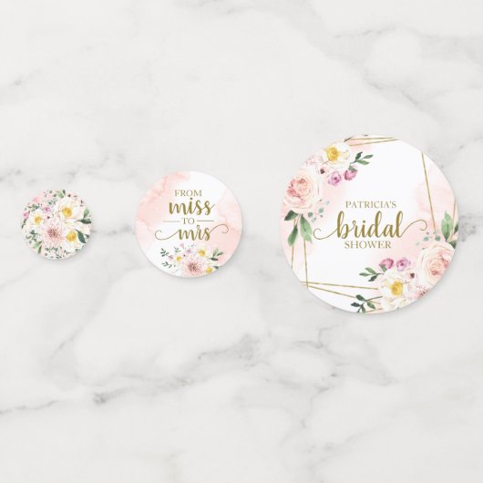 ピンクのフラッシュ フラワーのゴールド ジオメトリック ブライダル シャワー コンフェッティ (正面)