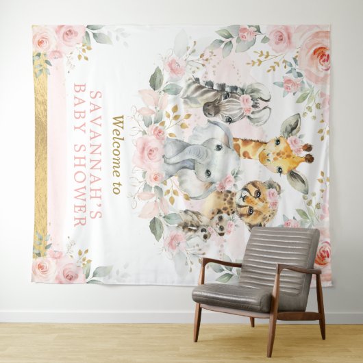 ピンクのフラッシュ フラワーのジャングル動物の赤ちゃんの女の子の歓迎 タペストリー (インサイチュ(横))
