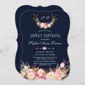 ピンクのフラッシュ フラワーの鹿の角 ダークブルーのスイート16 招待状 (正面/裏面)