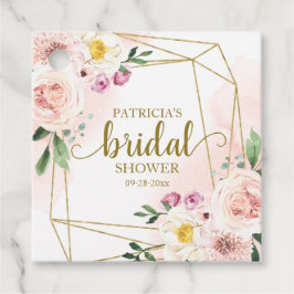 ピンクのフラッシュ フラワーデザイン ゴールド ジオメトリック ブライダルシャワー フェイバータグ