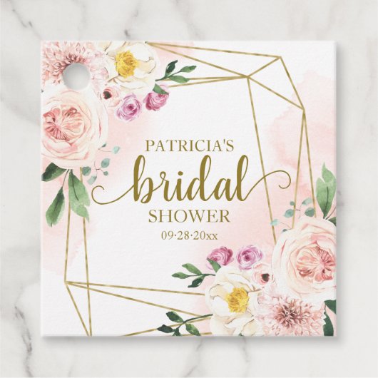 ピンクのフラッシュ フラワー ゴールド ジオメトリック ブライダル シャワー フェイバータグ (正面)