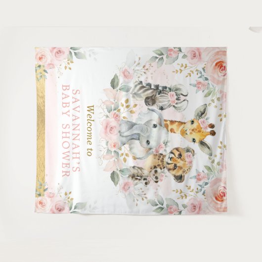 ピンクのフラッシュ フラワー ジャングル アニマル ベビー ガール ウェルカム タペストリー (正面(横))