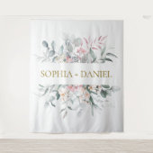 ピンクのフラッシュ フローラル ユーカリ ボタニカル ウェディング タペストリー (正面)