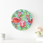 ピンクのフラミンゴおよび熱帯葉の時計 ラージ壁時計 (ホーム)
