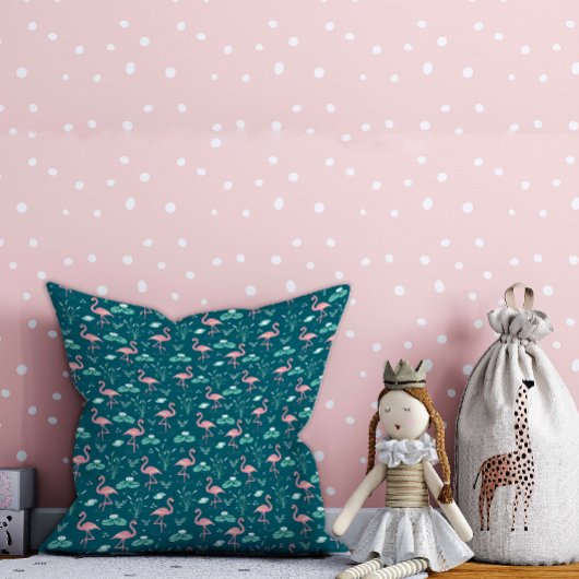 ピンクのフラミンゴかわいいグリーンティール(緑がかった色)柄 クッション