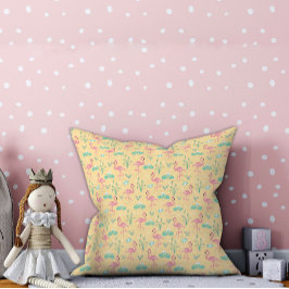 ピンクのフラミンゴかわいい黄色のパターン クッション