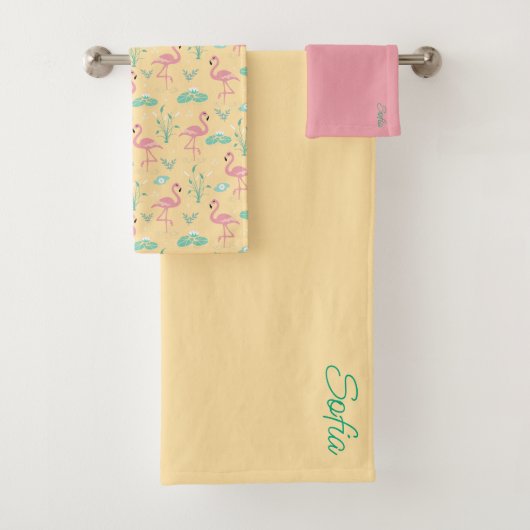 ピンクのフラミンゴかわいい黄色のパターン バスタオルセット (インサイチュ)