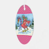 ピンクのフラミンゴが冬のクリスマスのために南に向かう メタルオーナメント (正面左)