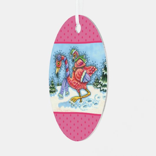 ピンクのフラミンゴが冬のクリスマスのために南に向かう メタルオーナメント (正面左)