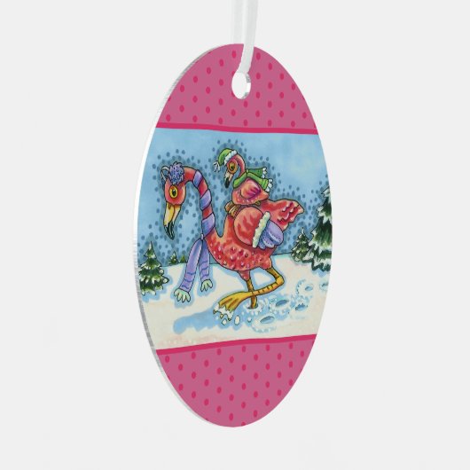 ピンクのフラミンゴが冬のクリスマスのために南に向かう メタルオーナメント (正面右)