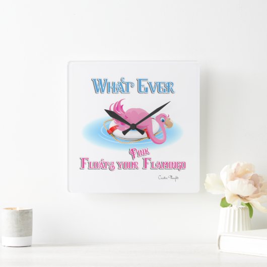 ピンクのフラミンゴが浮かぶもの スクエア壁時計 (ホーム)