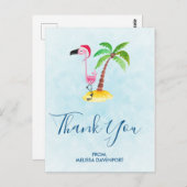 ピンクのフラミンゴが赤いサンタ帽を被ったクリスマスお礼メッセージ ポストカード (正面/裏面)