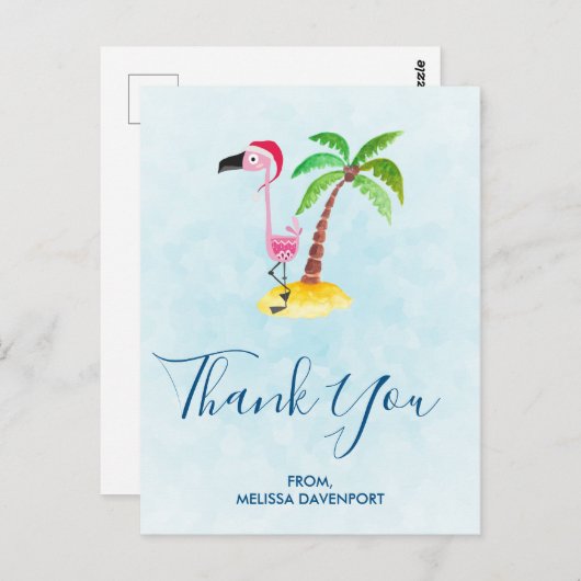 ピンクのフラミンゴが赤いサンタ帽を被ったクリスマスお礼メッセージ ポストカード