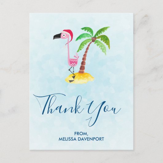 ピンクのフラミンゴが赤いサンタ帽を被ったクリスマスお礼メッセージ ポストカード (正面)