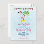 ピンクのフラミンゴが赤いサンタ帽子を被ったクリスマス　セーブ・ザ・デート ポストカード (正面/裏面)