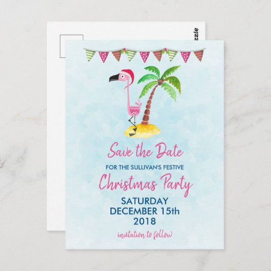 ピンクのフラミンゴが赤いサンタ帽子を被ったクリスマス　セーブ・ザ・デート ポストカード (正面/裏面)