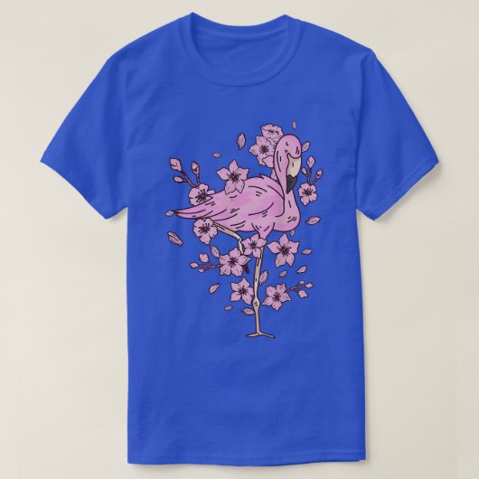 ピンクのフラミンゴとさくらんぼの花と Tシャツ (デザイン正面)