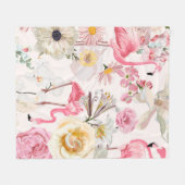 ピンクのフラミンゴとエキゾチックなピンクの白い花。 フリースブランケット (正面(横))