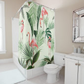 ピンクのフラミンゴとエキゾチックな花、ヤシの葉。フロ シャワーカーテン (インサイチュ)