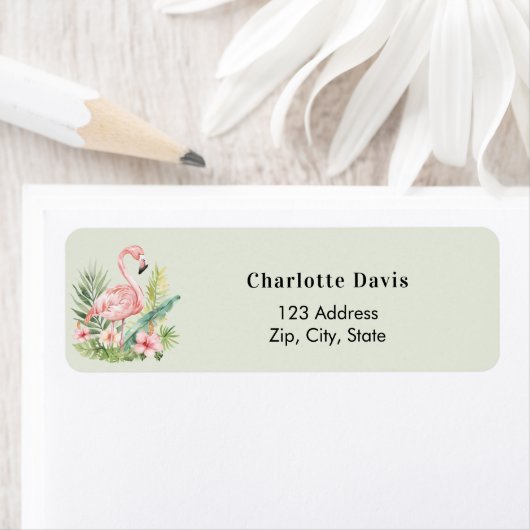 ピンクのフラミンゴとサボグリーン色の差出人住所ラベル ラベル (インサイチュ)