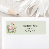 ピンクのフラミンゴとサボグリーン色の返送先住所ラベル ラベル (インサイチュ)