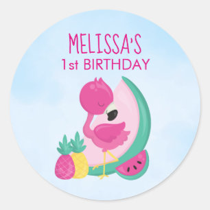 ピンクのフラミンゴとスイカ&パイナップル誕生日 ラウンドシール