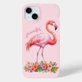 ピンクのフラミンゴとトロピカルフラワー iPhone 15 MINIケース