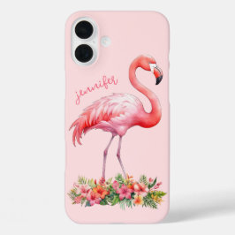 ピンクのフラミンゴとトロピカルフラワー iPhone 16 PLUSケース