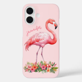 ピンクのフラミンゴとトロピカルフラワー iPhone 16ケース