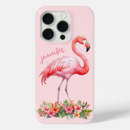 ピンクのフラミンゴとトロピカルフラワー iPhone 15 PROケース