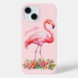 ピンクのフラミンゴとトロピカルフラワー iPhone 15ケース