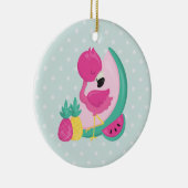 ピンクのフラミンゴとトロピカルフルーツの水玉模様 セラミックオーナメント (右)