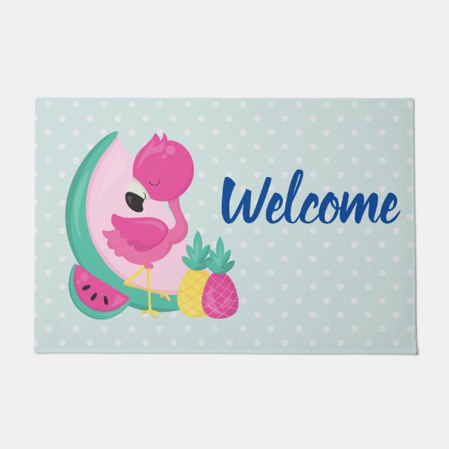ピンクのフラミンゴとトロピカルフルーツへようこそ ドアマット (正面)