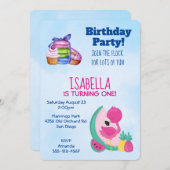 ピンクのフラミンゴとトロピカルフルーツ誕生日パーティー 招待状 (正面/裏面)