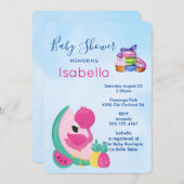 ピンクのフラミンゴとトロピカルフルーツ赤ちゃんシャワー 招待状 (正面/裏面)
