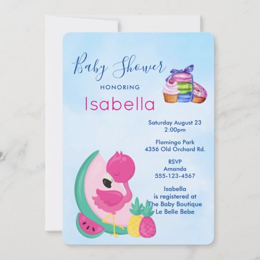 ピンクのフラミンゴとトロピカルフルーツ赤ちゃんシャワー 招待状 (正面)