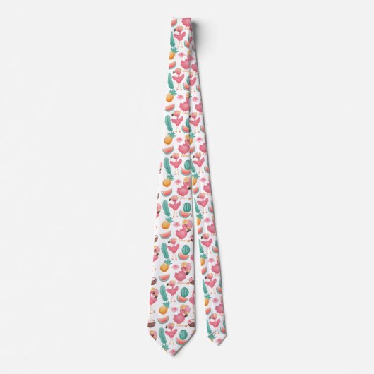 ピンクのフラミンゴとトロピカルフルーツ ネクタイ (正面)