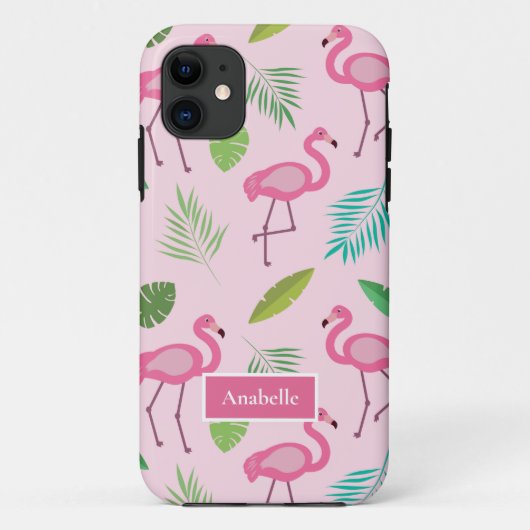 ピンクのフラミンゴとトロピカルリーフのカスタムネーム Case-Mate iPhoneケース (裏面)
