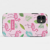 ピンクのフラミンゴとトロピカルリーフのカスタムネーム Case-Mate iPhoneケース (裏面(横))