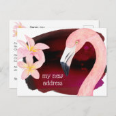 ピンクのフラミンゴとフランジパニの花の新しい住所 案内ポストカード (正面/裏面)