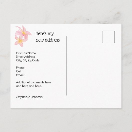 ピンクのフラミンゴとフランジパニの花の新しい住所 案内ポストカード (裏面)