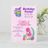 ピンクのフラミンゴとフルーツ&マカロン誕生日パーティー 招待状 (スタンド正面)