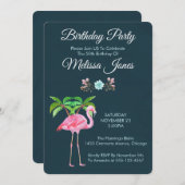 ピンクのフラミンゴとヤシの木と多肉植物の誕生日 招待状 (正面/裏面)