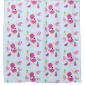 ピンクのフラミンゴと熱帯の果実が青に染まる シャワーカーテン (正面)