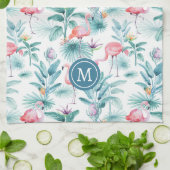 ピンクのフラミンゴと熱帯の花のパターン キッチンタオル (折り畳み)