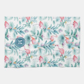 ピンクのフラミンゴと熱帯の花のパターン キッチンタオル (横)