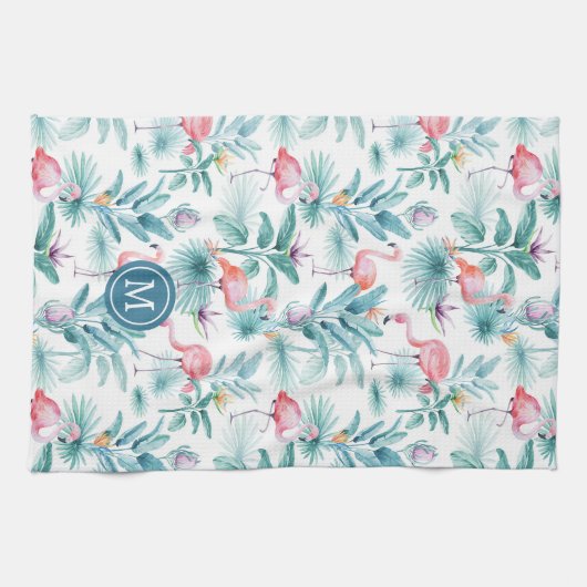 ピンクのフラミンゴと熱帯の花のパターン キッチンタオル (横)