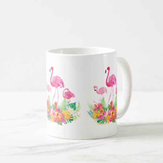 ピンクのフラミンゴと熱帯の花 コーヒーマグカップ (正面右)