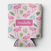 ピンクのフラミンゴと熱帯の離れのカスタム 缶クーラー (正面)