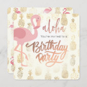 ピンクのフラミンゴと熱帯性のパイナップル 招待状 (正面/裏面)